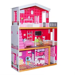 Factory Direct Sale Pretend Play Game Princess Style Eco-friendly Pink Wooden big size doll house With 8pcs Mini Furnitures