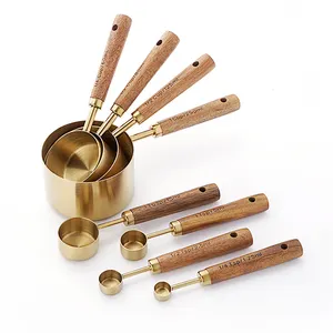 8 Pieces Stainless Steel Gold Coffee Milk Measuring cups and spoons set With Wood Handle Baking Utensils Tool