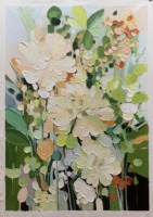 Peinture à l'huile abstraite texturée faite à la main avec cadre floral vert, peinture décorative pour salon, peinture sur toile bohème