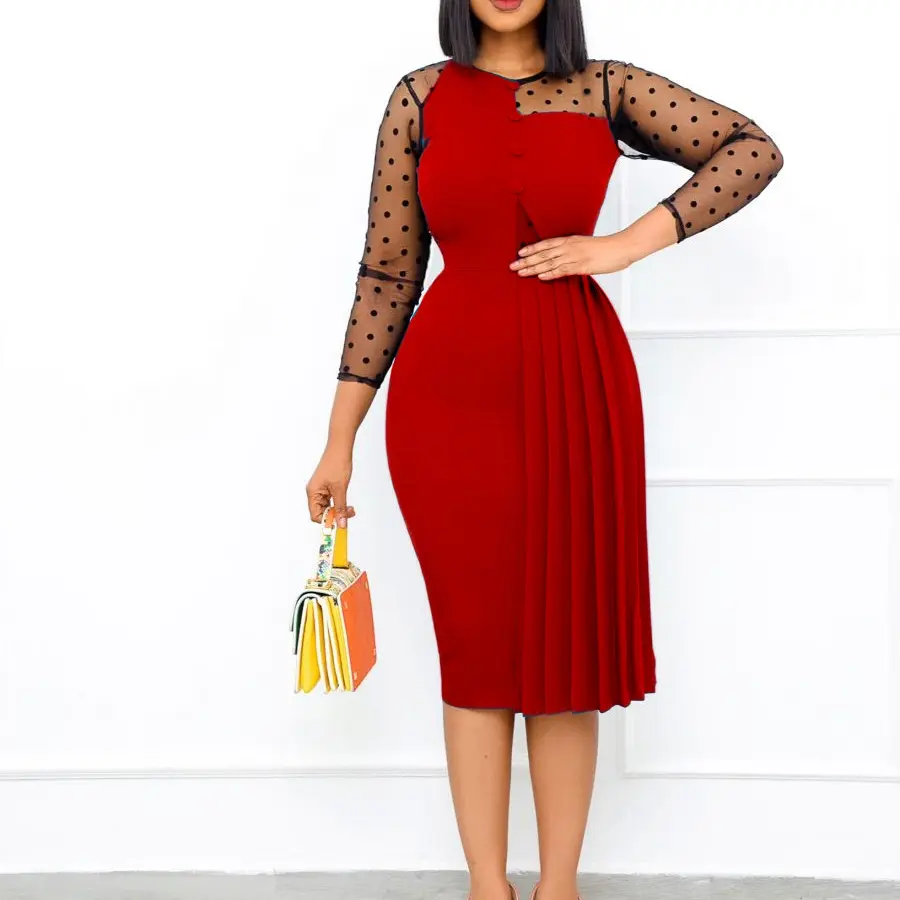 Fashion Mesh Sleeve Slim Fit Pencil Slit Pleated Over Sized Formal Dress