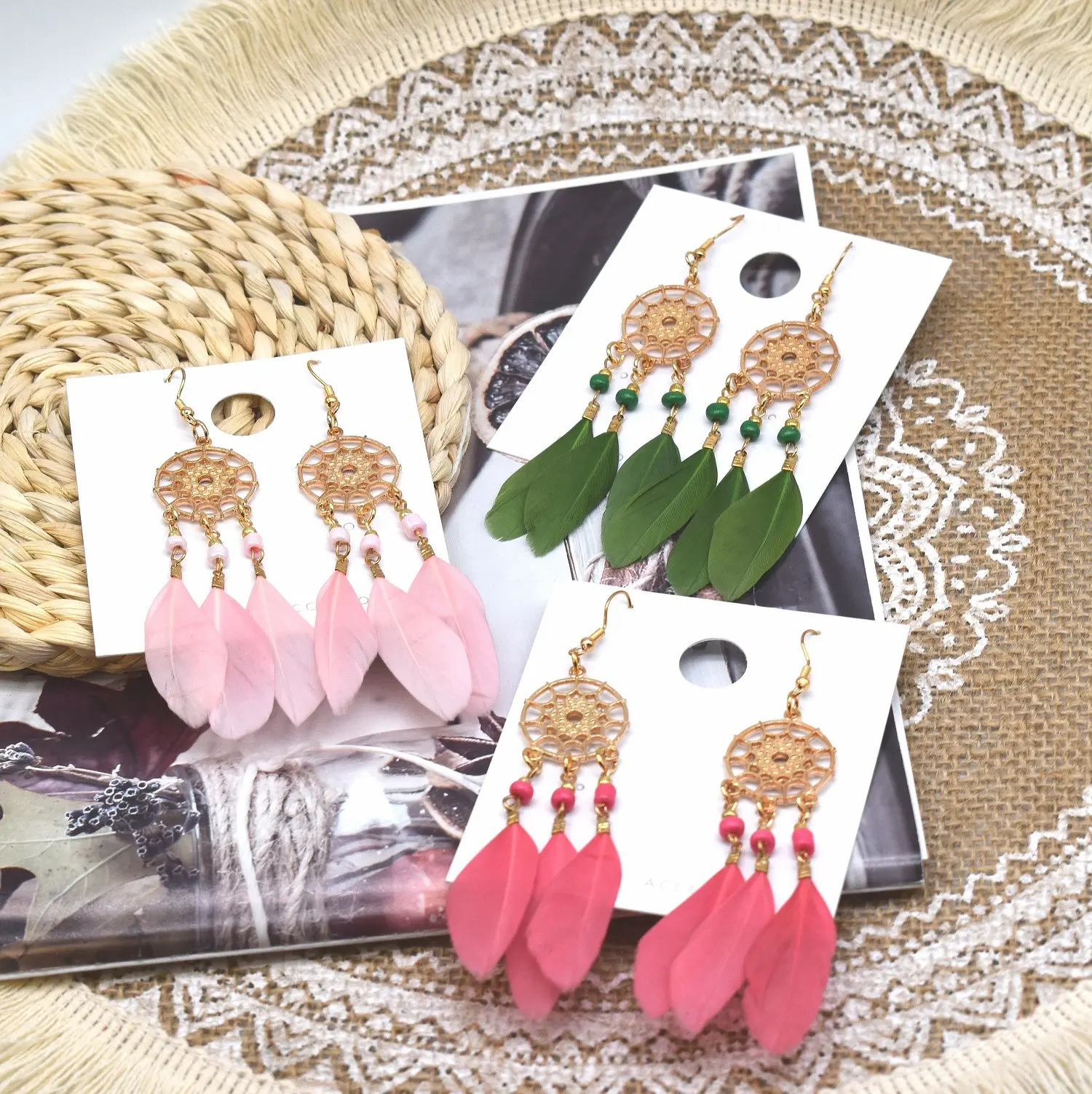 Hot Sale Bohemian Color Long Feather Drop Earrings Long Seed Beads String Holiday Feather Earrings For Women