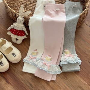 Girls' Spring Autumn Korean Style Lace Leggings Cotton Knitted Pencil Pants With Cupcake Patch For Kids - Product Image 1