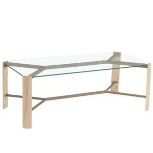 Bàn cà phê thủy tinh sáng tạo/Bàn điều khiển, mặt kính trong suốt, kim loại sơn tĩnh điện vàng, chân gỗ sồi hỗ trợ - Product Image 6