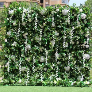 Wholesale Artificial 3D White Rose Hydrangea Wisteria Roll Up Flower Wall Backdrop Cloth