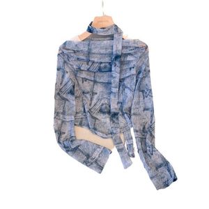 Camisa de Moda para Mujer, Azul Denim, Manga Larga, Diseño Asimétrico de Chifón y Malla, Estampado Vintage, Transpirable, para Primavera y Otoño - Product Image 2