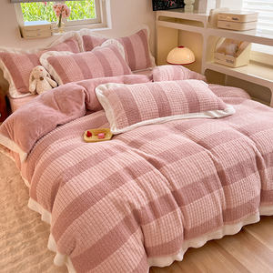 Striped <strong>Teddy</strong> <strong>Fleece</strong> 4Pcs Bed <strong>Sheet</strong> Bedding Set Comforter Cover Quilt Thicken Bedspread Flat <strong>Sheet</strong> Set for Winter - Product Image 4