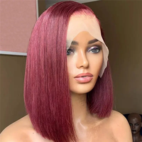 Perruque Courte Bob Transparente Bourgogne 10-14 Pouces en Cheveux Indiens Vierges 99J Lisses Sans Colle Double Drawn HD Lace Front Densité 200%