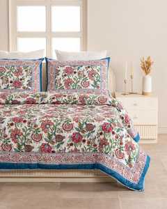 Couvre-lit réversible en coton imprimé à la main, motif floral rouge et bleu, style Kantha indien, rayé, taille King, Jaipur - Product Image 1