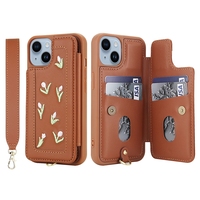 Bandoulière avec fente pour cartes étui pour IPhone 16E 16 Plus 15 Pro Max 14 13 12 11 housse de poche en cuir fleur brodée