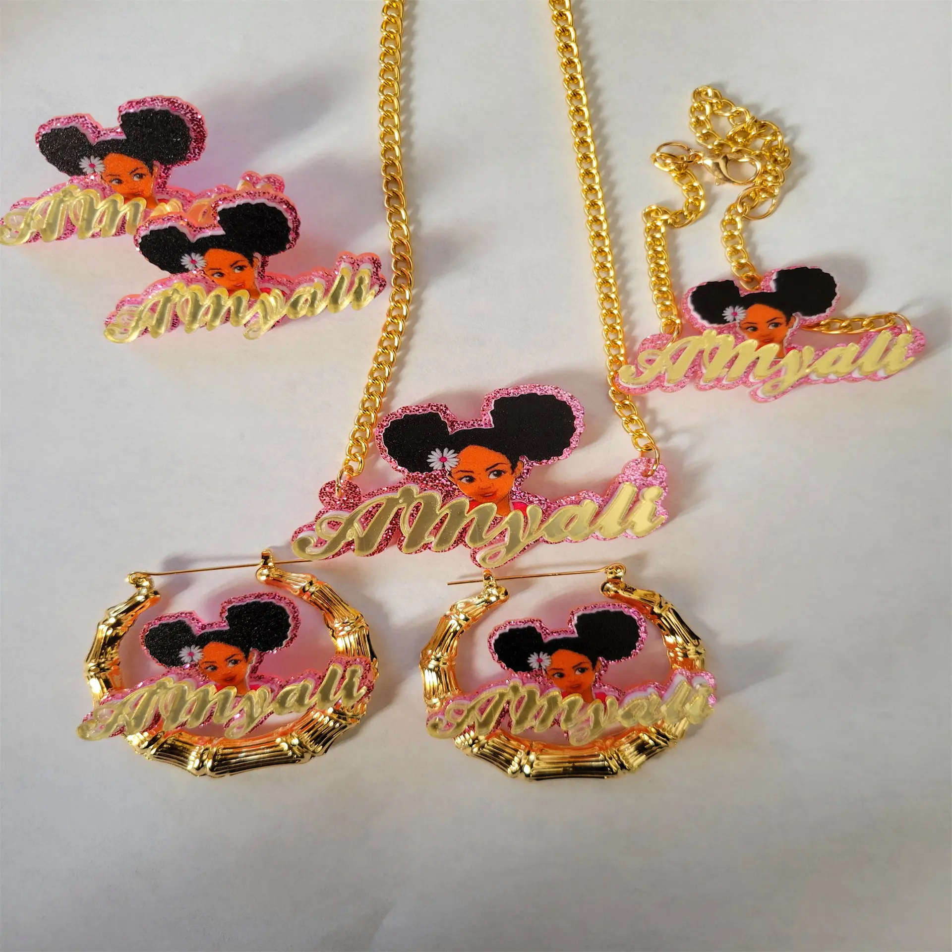 Custom Hoop Earring Kids Jewelry Necklace Pendant Acrylic Bamboo Custom Name Earring Cartoon Bangle Set