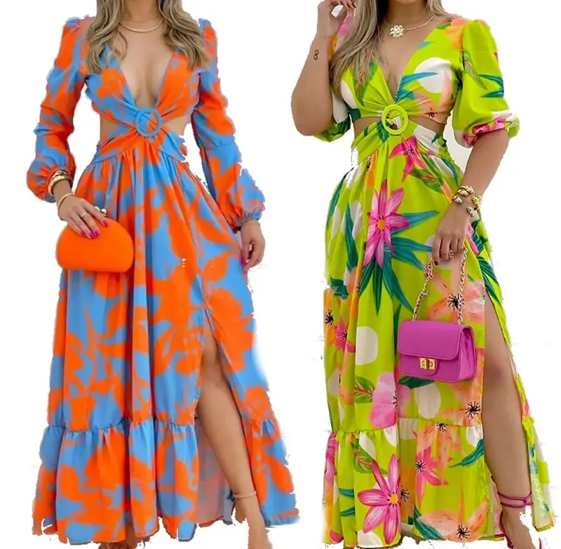 Y208045 Offre Spéciale vêtements pour femmes est conçu à la mode robes de soleil imprimées à fleurs découpées taille haute robe longue fendue