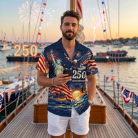 Kemeja Kasual Hawaii Custom Print Pria, Ulang Tahun Kemerdekaan Amerika ke-250, Kancing Depan, Lengan Pendek, 100% Poliester, Produsen OEM ODM