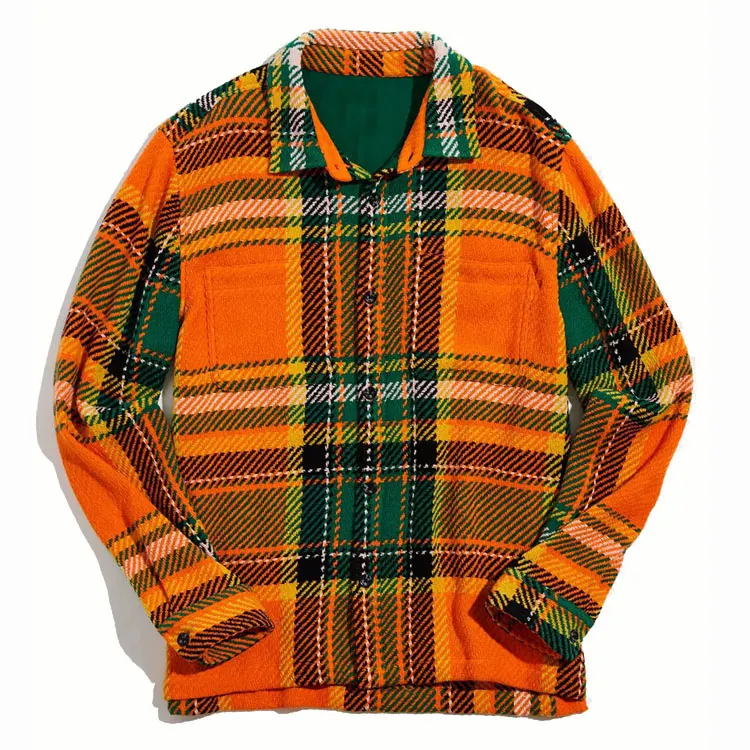 Custom men orange blue plaid shirt jacket flannel tweed men over shirt with two patch pockets