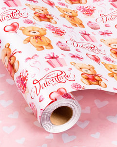Valentine' Day gift wrapping paper Pink cartoon <b>teddy</b> bear balloon <b>with</b> <b>heart</b> pattern design Original design customizable - Product Image 1