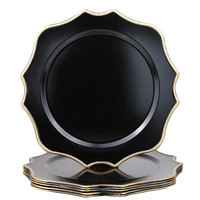 Assiettes de présentation noires en plastique de 13 pouces pour mariage, avec bord doré, décor de table, sous-assiettes noires, base de plat, assiettes festonnées pour dîner de mariage