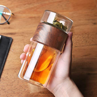Nouvelle conception, bouteille d'eau en verre borosilicate à double paroi de 300 ml, couvercle à vis de qualité alimentaire, infuseur à thé pour la séparation du thé et de l'eau