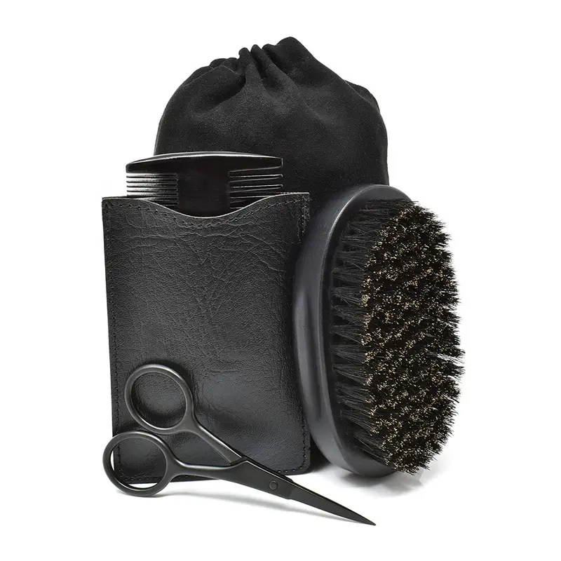 Vente en gros d'outils de soin pour hommes avec logo personnalisé Ensemble de brosses et peignes à barbe noire