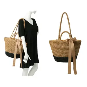 Hot venda por atacado mulheres natural de palha tecida bolsa com bow tote saco de vime rattan bali com grande capacidade de saco de compras