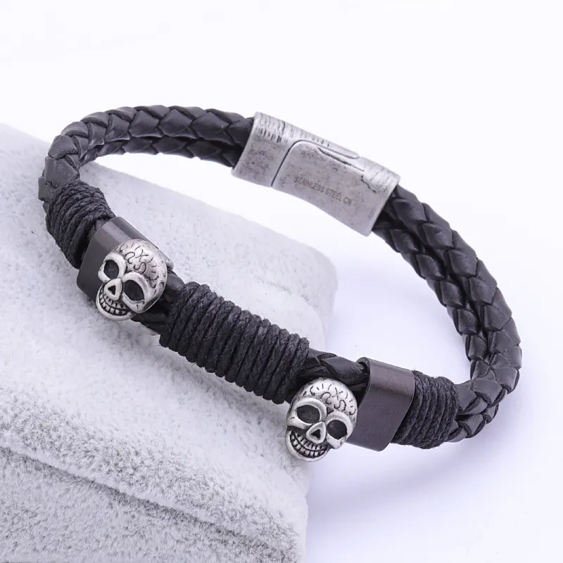 Punk Style Hiphop Magnetic Clasp Wristbands Cuff Wrap Braided Leather Bracelet For Men Women