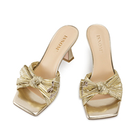 WETKISS – Mules d'été pastel métalliques à talon haut et bout carré, plissées avec nœud, pour femmes – Vente en gros OEM personnalisée à prix abordable