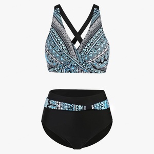ชุดบิกินี่ผู้หญิงแบบ 2 ชิ้น ลายพิมพ์ Paisley คอวี ขาสูง แห้งเร็วและเป็นมิตรกับสิ่งแวดล้อม - Product Image 1