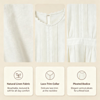 Robes longues en gros pour femmes, robe à manches longues, OEM personnalisée, en lin blanc, avec taille plissée et col à volants, robe décontractée
