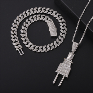 Hip Hop Icy Bling Choker Necklace Jewelry Set Men's Iced Out Gold Plated Rhinestone Diamond <strong>Plug</strong> Pendant With Cuban Link <strong>CHAIN</strong> - Product Image 2