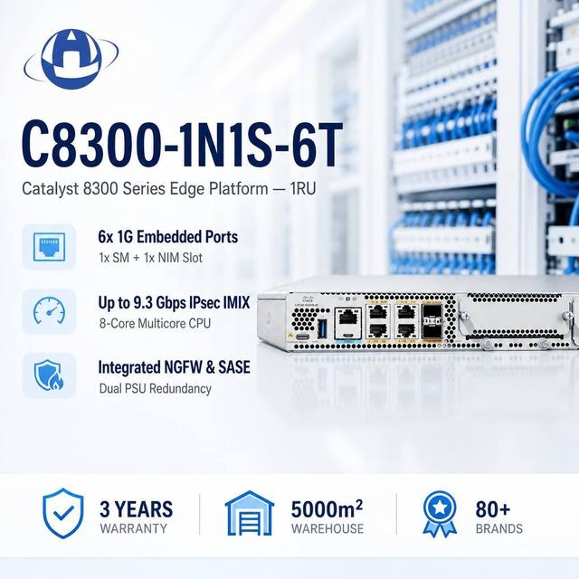 Catalyst 8300 Series Edge Platforms C8300-1N1S-6T 1RU SD-WAN Platform 6x1GbE 8GB DRAM 1 SM 1 NIM 2Gbps Ethernet Edge Platforms
