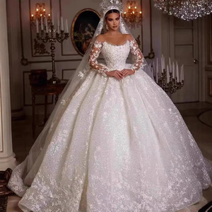 European American Wedding Dress 2026 <b>Lace</b> Long Sleeve High Waist Sweetheart Neckline Floral Print Bridal Gown Pure <b>White</b> - Product Image 1