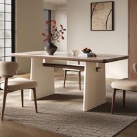 Ensemble de table à manger rectangulaire minimaliste rétro français, plateau en pierre frittée travertin avec double piédestal en bois