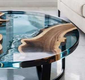 Round Resin Wood Coffee <b>Table</b> Modern Living Room Center <b>Table</b> <b>Epoxy</b> Embedded Wood Grain Metal Legs - Product Image 3