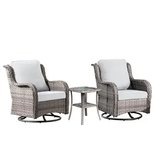 New Style 3 Pieces Garden Patio Outdoor Furniture Sofa Set Swivel Function Rattan Chair Glass Tea Table