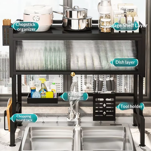 رف تجفيف أطباق كبير السعة بطبقة واحدة مع غطاء، رف تخزين مزدوج للمطبخ لتجفيف الأطباق فوق الحوض - Product Image 5