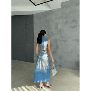 Blue Midi Denim <b>Skirt</b> Foil-Embellished Design Casual Streetwear Dot Pattern Button Belt Decoration Washed <b>for</b> <b>Summer</b> Autumn - Product Image 6