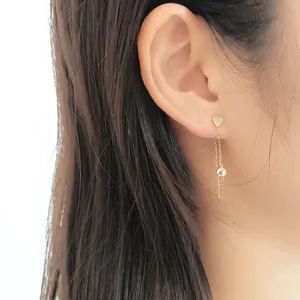 Anting Wanita Desain Terbaru 14 K Emas Solid Mode Rantai Tautan Anting-Anting Bentuk Hati Emas Asli 14 Karat Emas Perhiasan Wanita