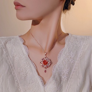 Fashion Eco-friendly <b>Copper</b> Jewelry Retro Rose Cut Red Cubic Zirconia Pendant Necklace for Female Daily & Party Wear Bulk Supply - Product Image 6