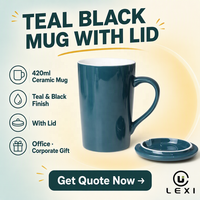 Mug en céramique bleu sarcelle et noir avec couvercle 420 ml – Qualité supérieure pour le bureau, le café, le thé – Cadeau d'entreprise, vente en gros, usage domestique, ensemble de table