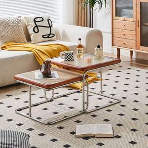 Rattan Coffee <b>Table</b> <b>Set</b> Modern Stainless Steel Frame Living Room Furniture Minimalist Design Small Apartment Use - Product Image 1