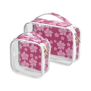 2-Pack Pink Flower Hawaii See Through Transparent <b>Make</b> <b>up</b> <b>Case</b> PVC Zipper Custom Logo Cosmetic Travel Pouch for Women and Men - Product Image 2