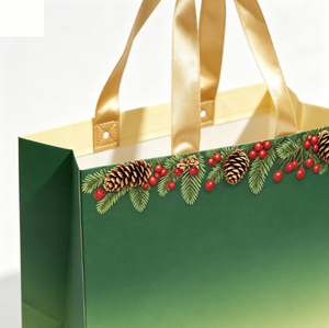 Tas Kertas Hadiah Natal Ramah Lingkungan Biodegradable Custom dengan Embossing Dekorasi Berry Pine dan Pegangan Pita - Product Image 2