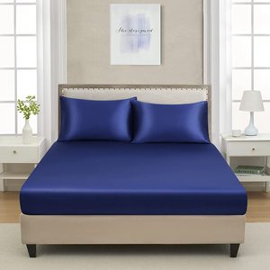 Ensembles de drap-housse en Satin rafraîchissant <span class=keywords><strong>bleu</strong></span> <span class=keywords><strong>marine</strong></span> taille Queen entièrement élastique - Product Image 1
