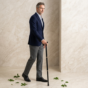 Elegant Black Walking Cane With Brass Accents And Floral Engraving For Gentlemen - Product Image 1