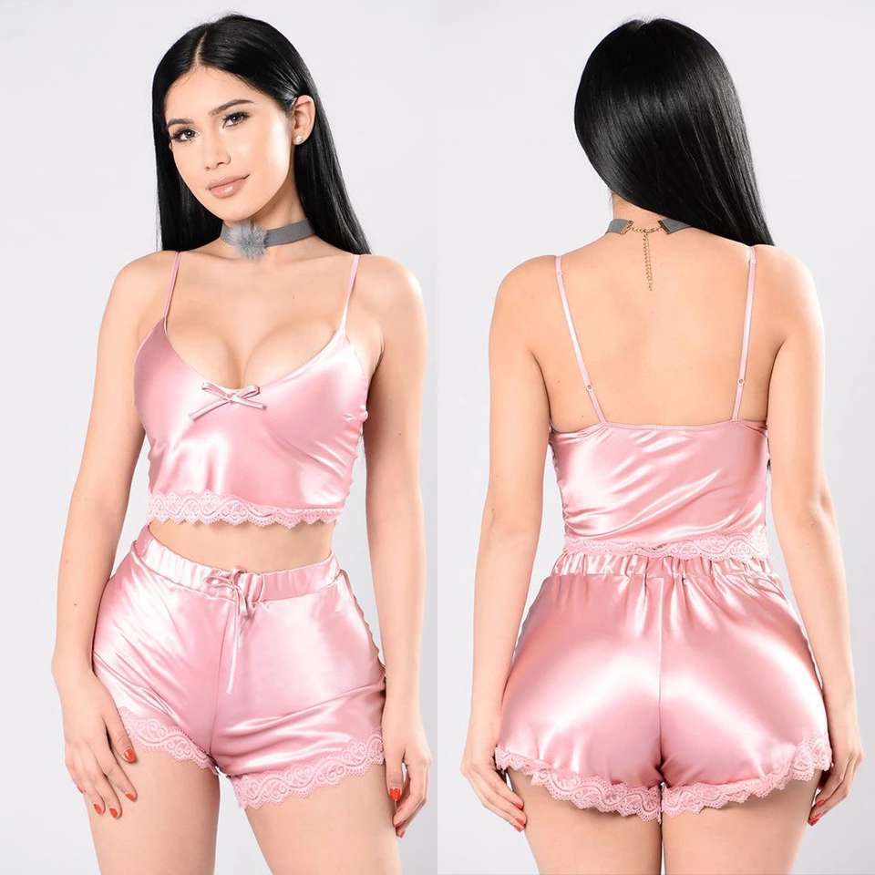 JY7709 summer lace decoration plus size vest crop top and hot shorts two piece women satin short pajama set
