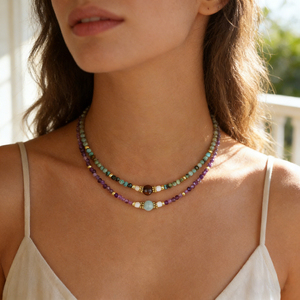 Collier ras du cou vintage 2026 avec perles et lettres en pierres précieuses turquoise pour filles et femmes, bijoux bohèmes tendance au design unique - Product Image 1