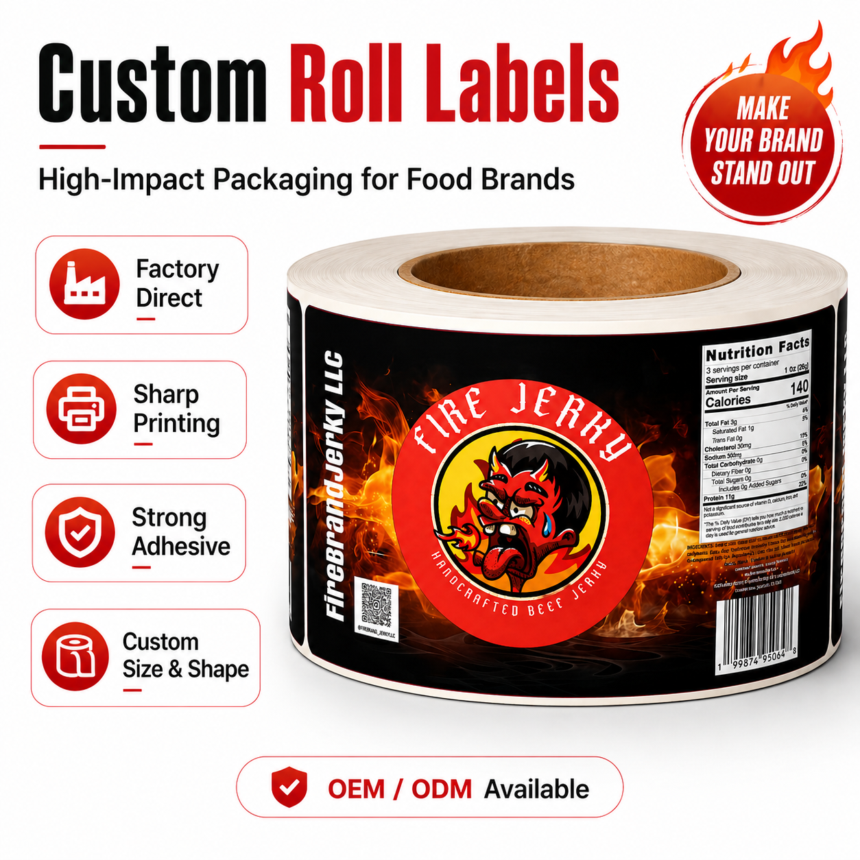 Custom Beef Jerky Food Labels Waterproof BOPP Roll Stickers For Meat Snack Packaging