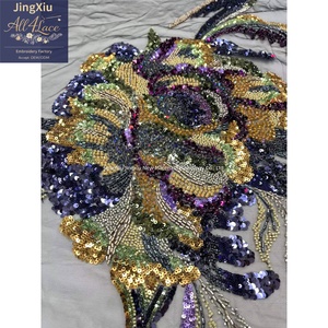 Tessuto in Rete Ricamato con Paillettes Floreali Grigio Viola Oro con Grandi <span class=keywords><strong>Motivi</strong></span> Applicati per Caftani, Abaya e Abiti da Sera - Product Image 4
