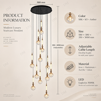 Lustre moderne pour escalier, suspension multi-lumières sphériques en verre ambré, LED, longue suspension, blanc chaud, installation facile, pour couloir d'escalier