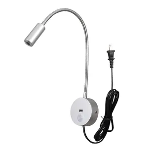 Luz de libro led regulable táctil de 3W con cable de enchufe, luz de lectura LED montada en la pared para dormitorio de hotel, luz de lectura USB