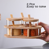 Juego de tarros de especias de vidrio hechos a mano con tapa de bambú y soporte para cuchara, sin BPA, de borosilicato, organizador de condimentos para cocina (sal, azúcar, pimienta)