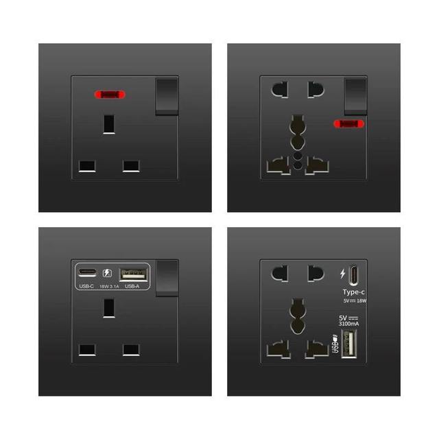 Modern Design Black 13A 250V Waterproof Durable PC Material Wall Socket with USB Type-C Power Universal Outlet and Switches